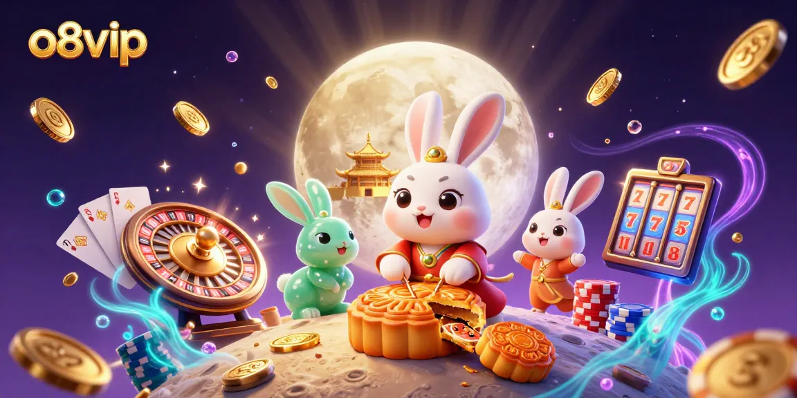 Engage with o8vip as the moon rabbit reveals poker chips beneath golden mooncakes in a vibrant casino scene.