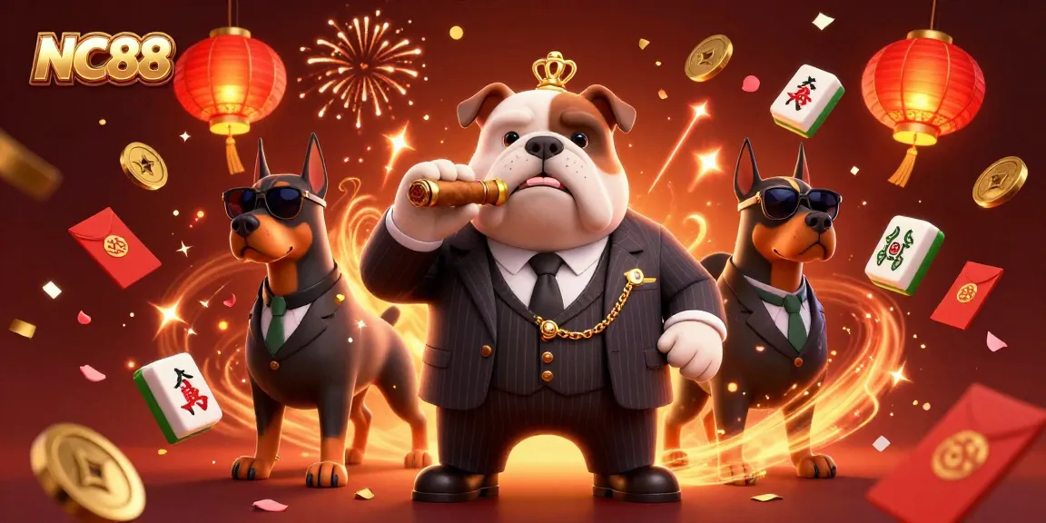 NC88 features a mafia bulldog and Doberman bodyguards in a vibrant casino scene with fireworks and floating elements.