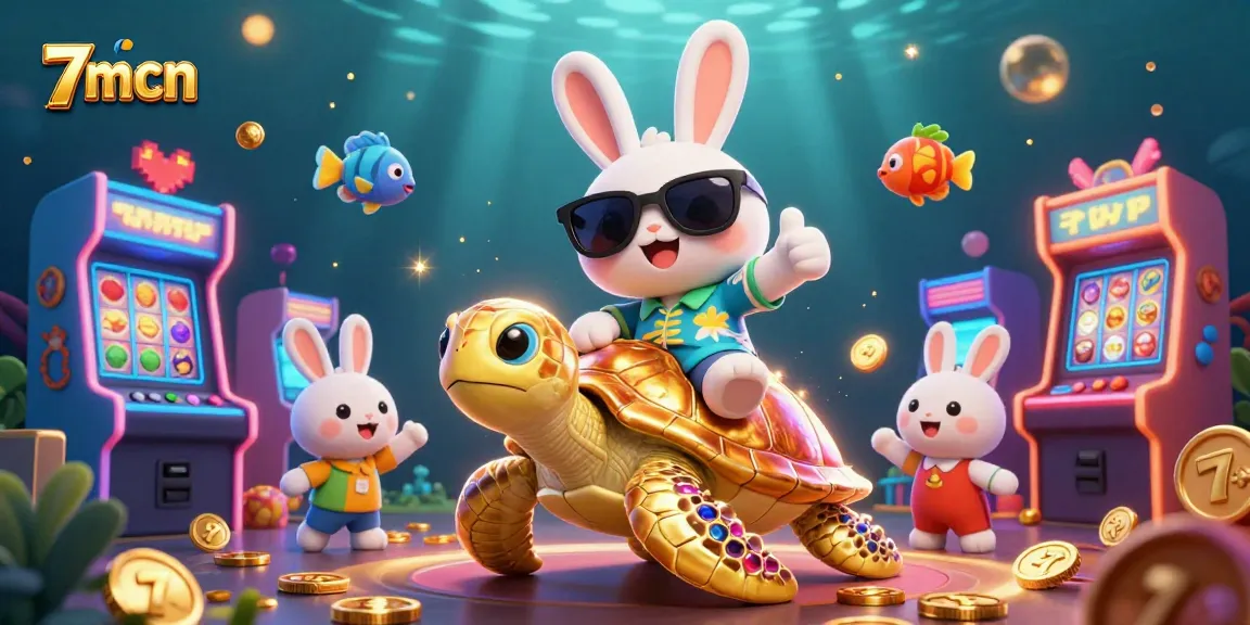7mcn lucky rabbit and golden sea turtle in vibrant casino-themed 3D illustration with dynamic slot elements.