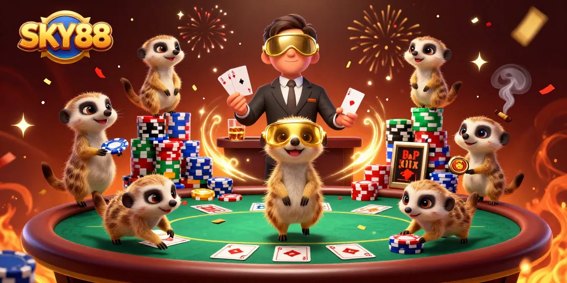 Engage in exciting casino action with SKY88 as meerkats run a vibrant casino scene.