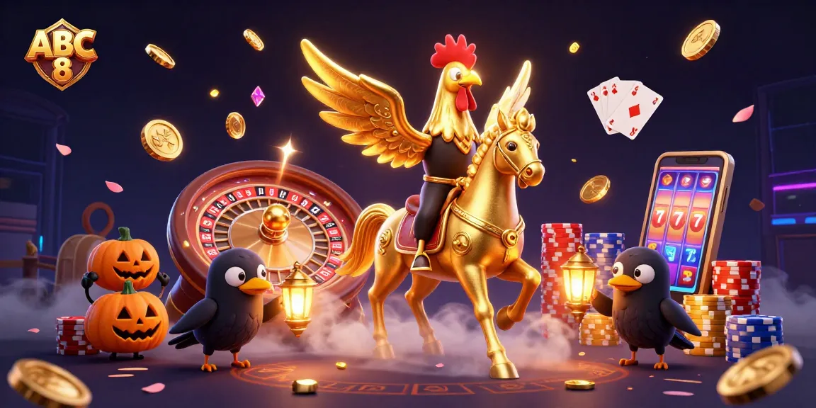 Experience thrilling gameplay and vibrant landscapes with ABC 8's dynamic casino illustration featuring golden gaming elements.
