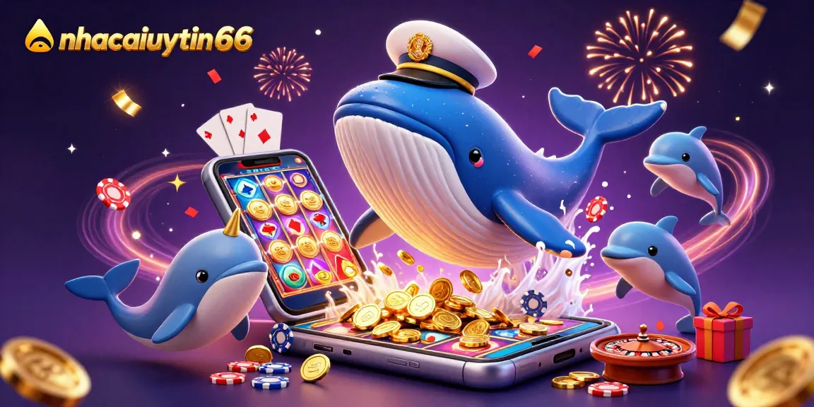 Unleash fun with nhacaiuytin66 featuring whales and dolphins playing with casino elements.
