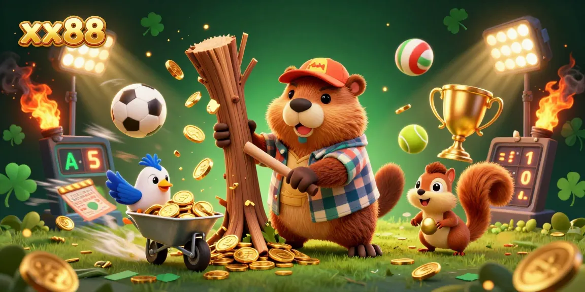 Bet on xx88 with a dynamic scene of a cartoon beaver collecting golden coins amid flying sports elements.