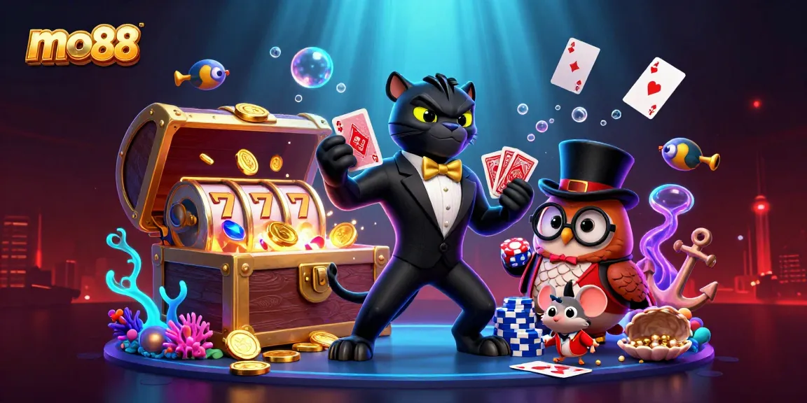 Join the fun at mo88 with our stylish panther dealer and charming characters in a vibrant casino scene.