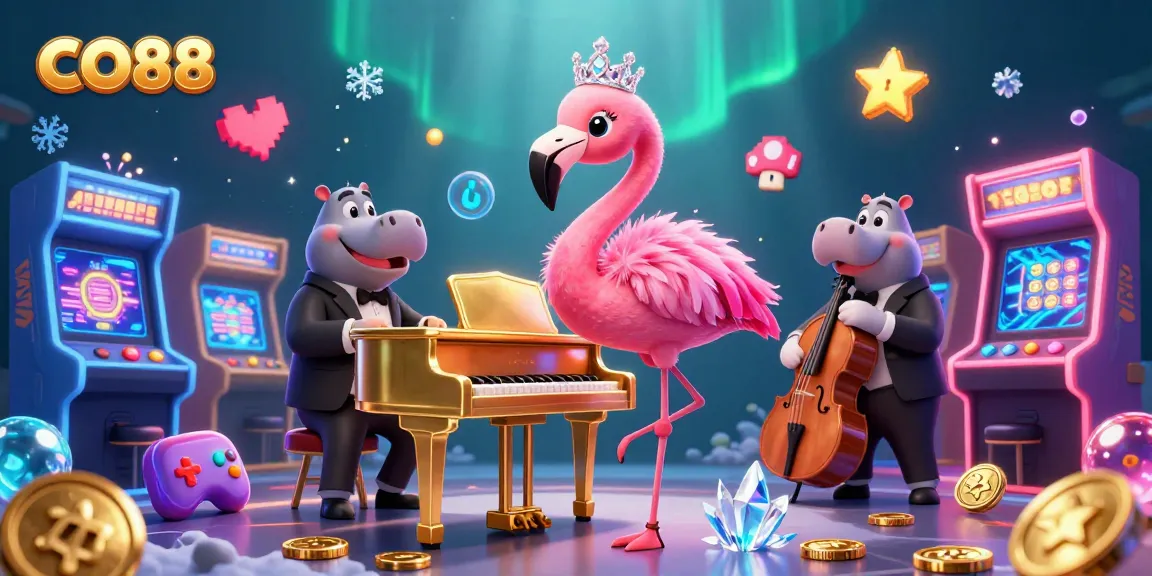Engage with CO88 as the flamingo singer dazzles at the piano amidst vibrant casino elements.