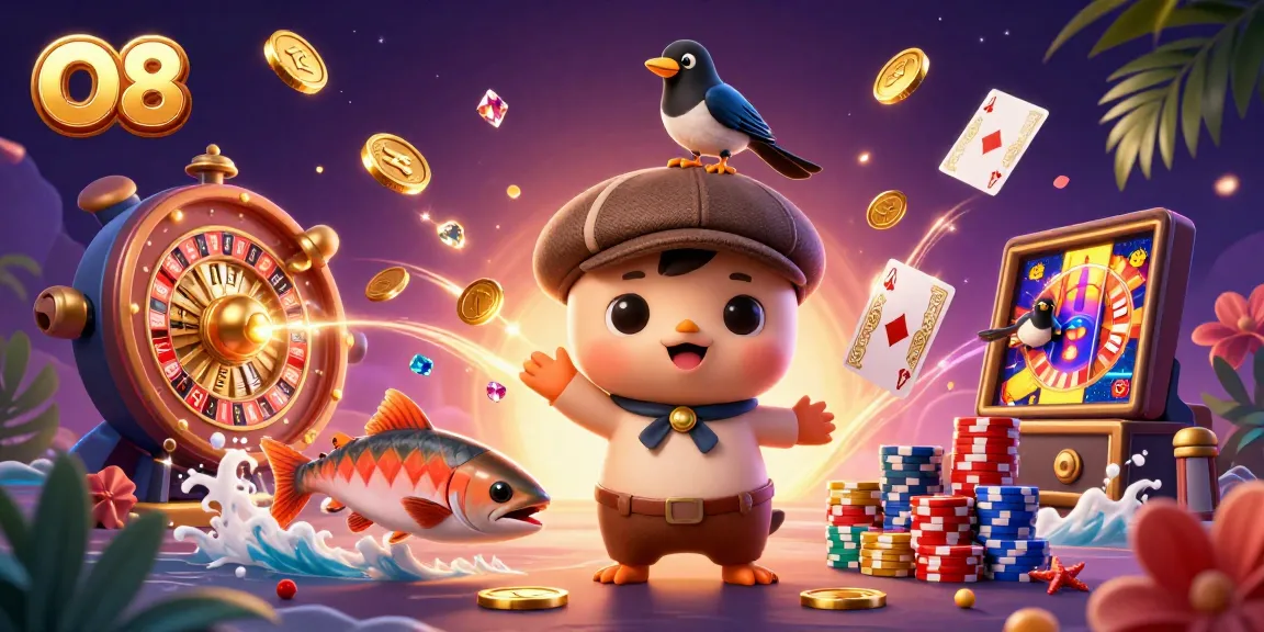 Play and win big at O8 with vibrant 3D casino illustration featuring exciting characters and elements.