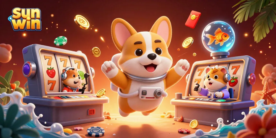 Experience sun win excitement with a cartoon astronaut corgi in a vibrant casino scene