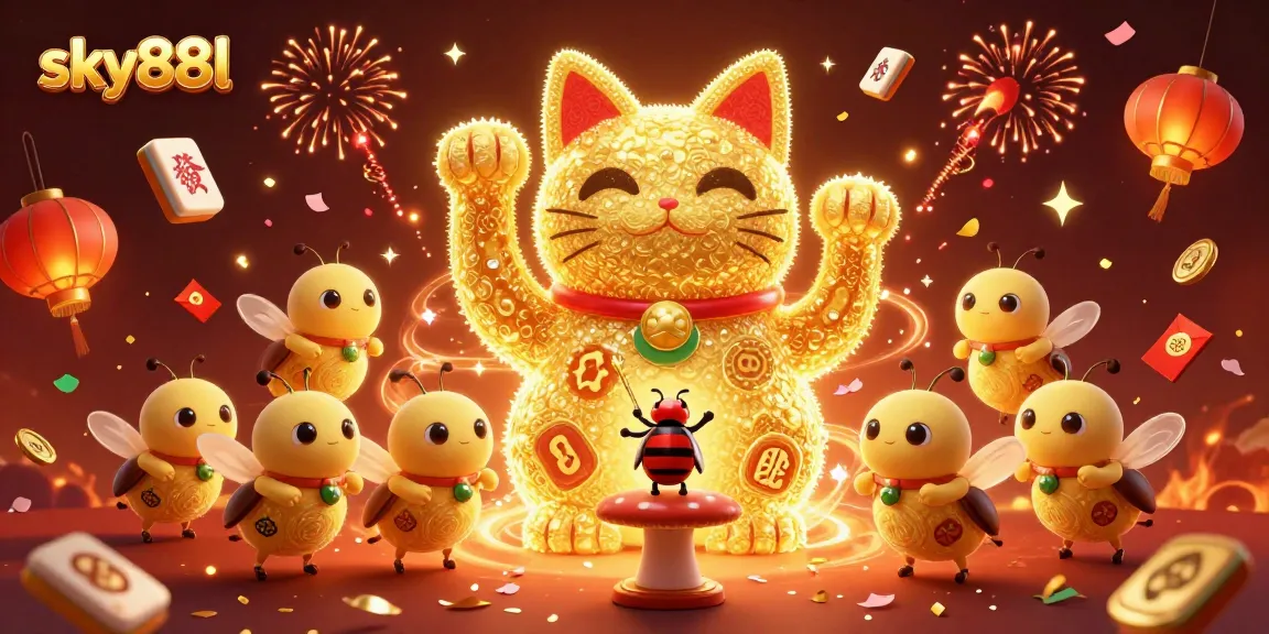 Engage in thrilling games at sky88l with vibrant casino symbols featuring a lucky cat and festive elements.