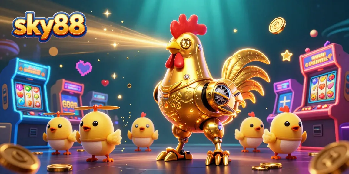 Join the fun with sky88 at this dynamic casino scene featuring a golden rooster robot and arcade elements.