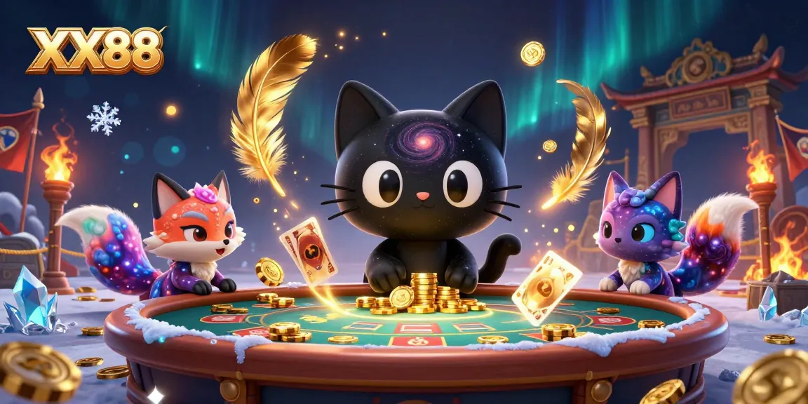 Experience thrilling action at XX88 with a cosmic black hole cat attracting chips and cards in a vibrant casino setting.
