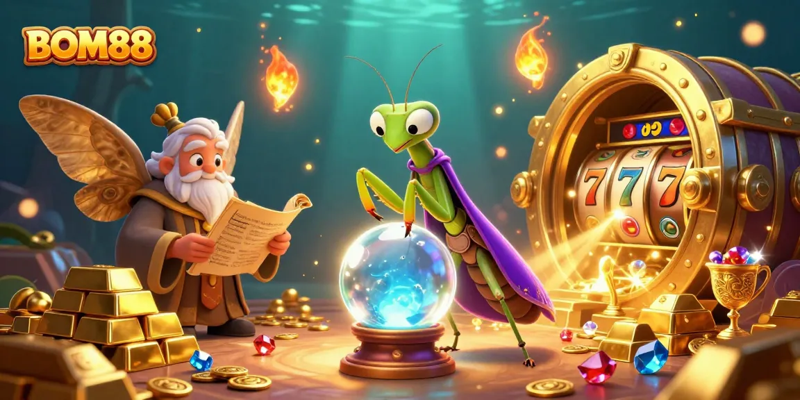 Experience the thrill of BOM88 as vibrant slot games and fortune tellers collide in a mystical casino scene.