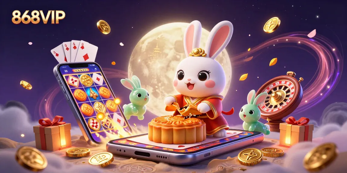 Experience thrilling gameplay with 868VIP, where the moon rabbit reveals poker chips amidst exciting casino elements.