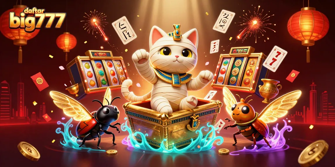 Engage with daftar big777, featuring a vibrant 3D scene of an Egyptian mummy cat and a scarab beetle in a pyramid casino.