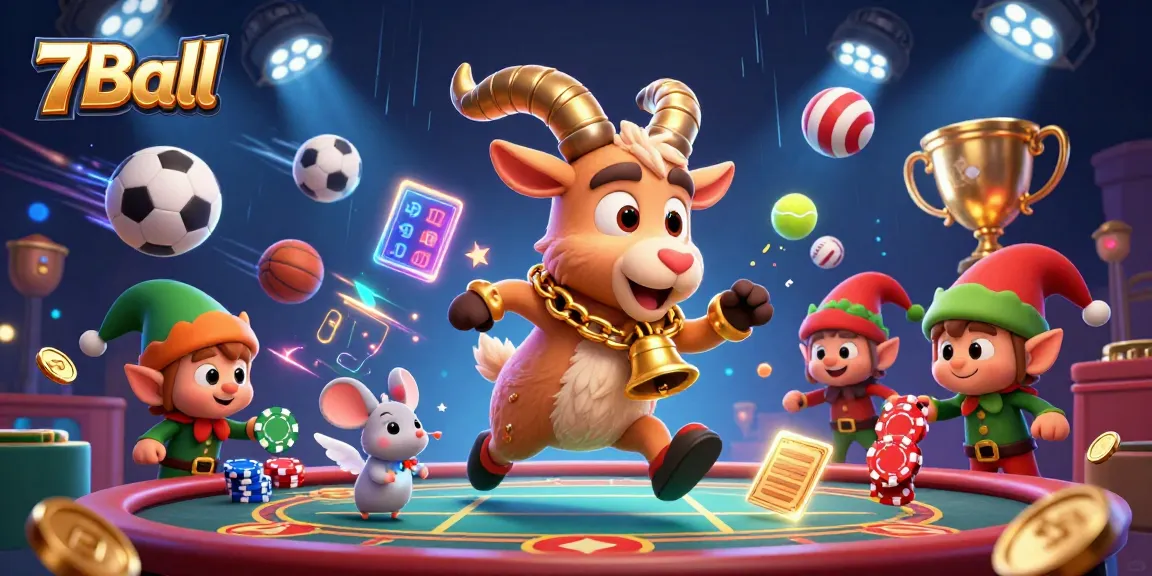 Experience the thrill of 7Ball in an animated casino scene with dynamic characters and sports elements.