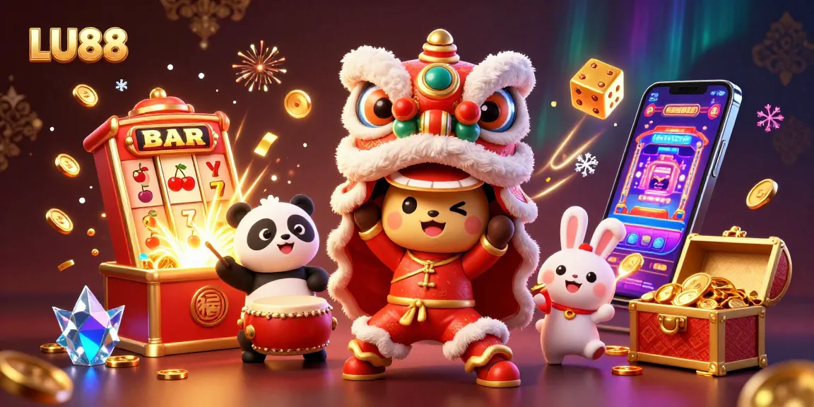 LU88 slots burst with excitement, featuring a lion dance, jackpot explosions, and colorful decorations.