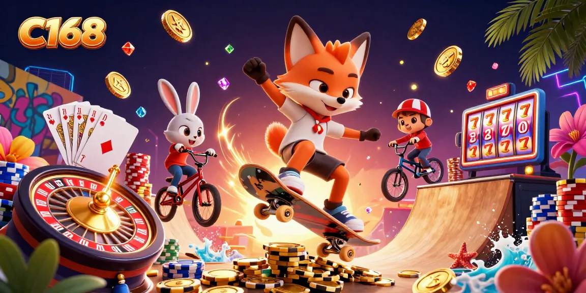 C168 players enjoy dynamic gaming with golden coins flying and characters performing tricks in a lively casino atmosphere.
