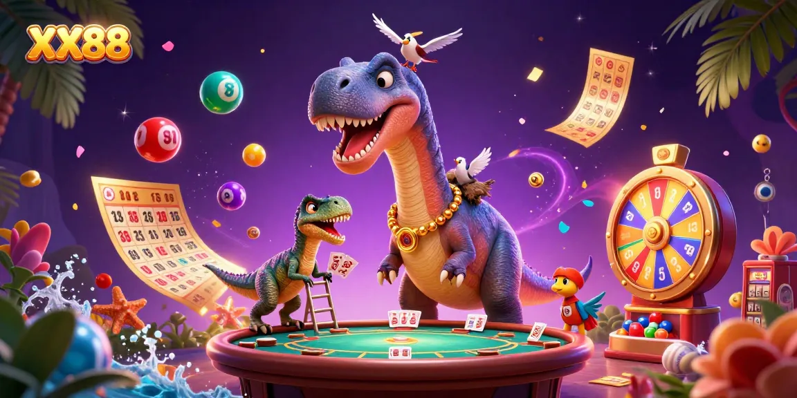Engage in thrilling gaming adventures with XX88, a dynamic 3D casino scene featuring unique characters.