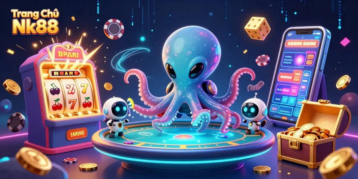 Engage with exciting games at Trang Chủ Nk88, featuring alien octopus, poker table, and vibrant slot elements.