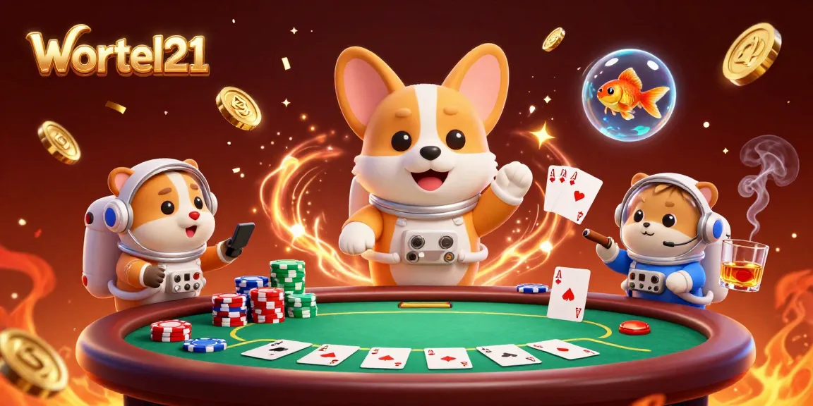 Wortel21 showcases a lively casino scene with a playful astronaut corgi and friends, highlighting engaging poker gameplay.