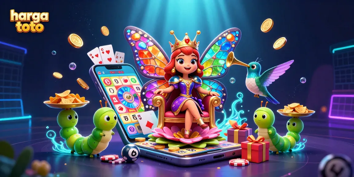 Engage with harga toto while witnessing a vibrant cartoon scene of a butterfly queen amidst lottery and gaming elements.