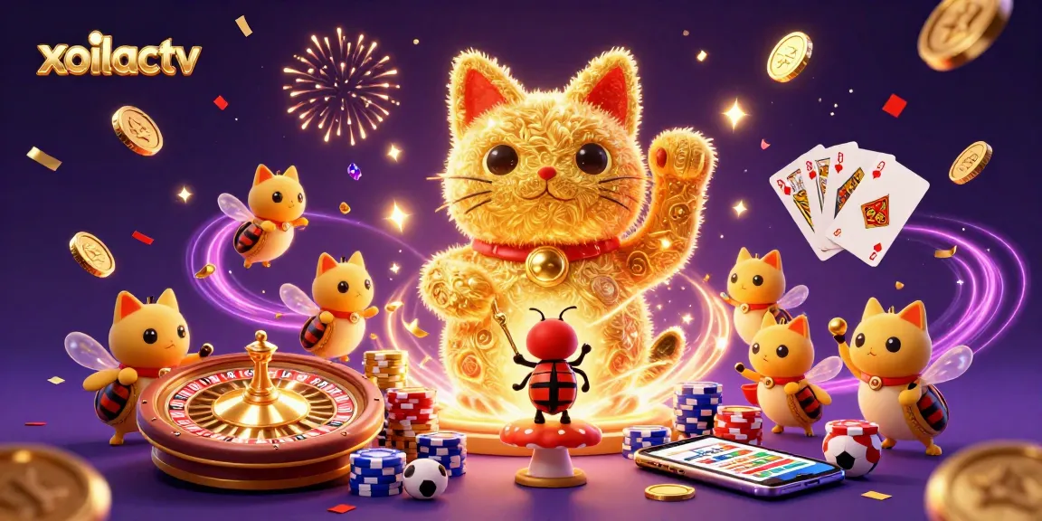 Xoilactv elevates sports betting excitement with vibrant golden fireflies and dynamic casino symbols.