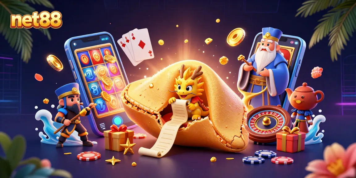 Play exciting casino games at net88 with a vivid illustration of a fortune cookie, dragon, and casino elements.