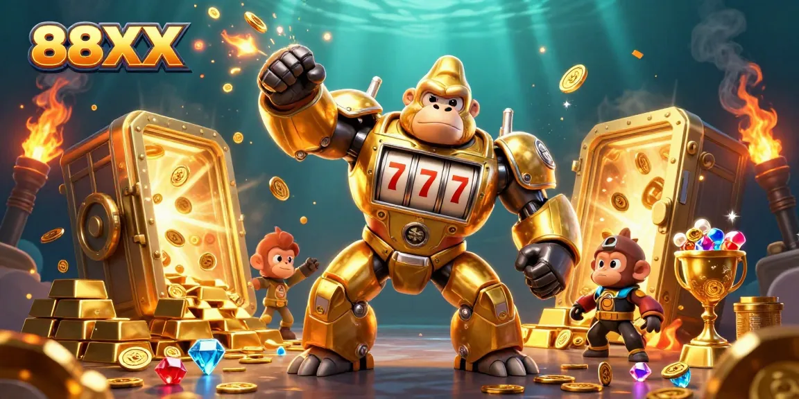 Experience the dynamic excitement of 88XX casino with vibrant golden treasures and animated characters.