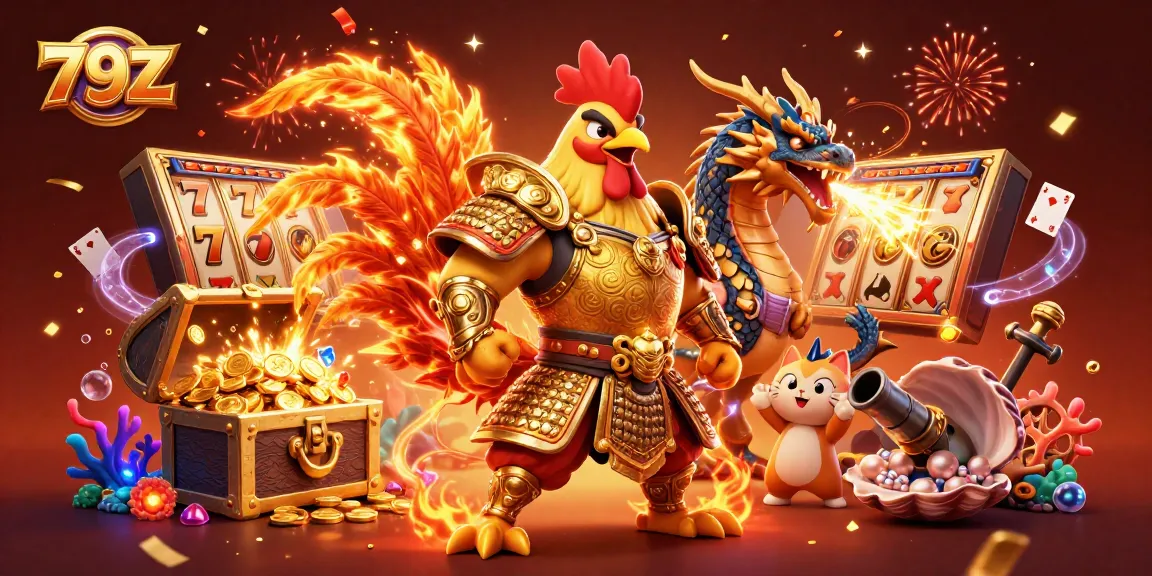 Experience thrilling gameplay at 79Z with a dynamic scene featuring a rooster warrior and magical elements.