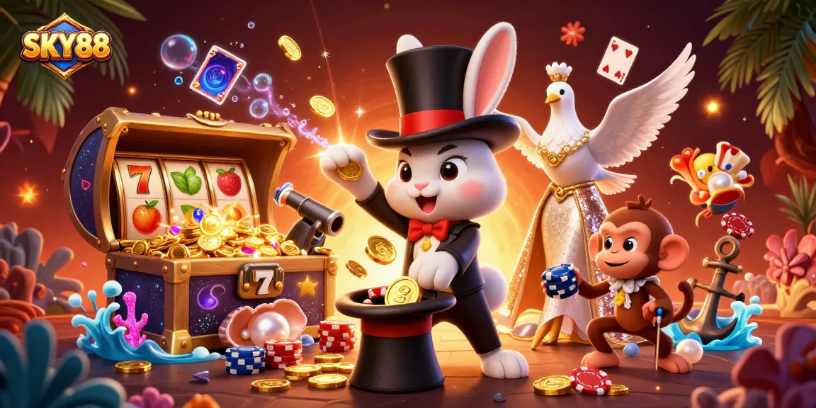 Engage with thrilling SKY88 slots featuring exciting games and a magical illustration.
