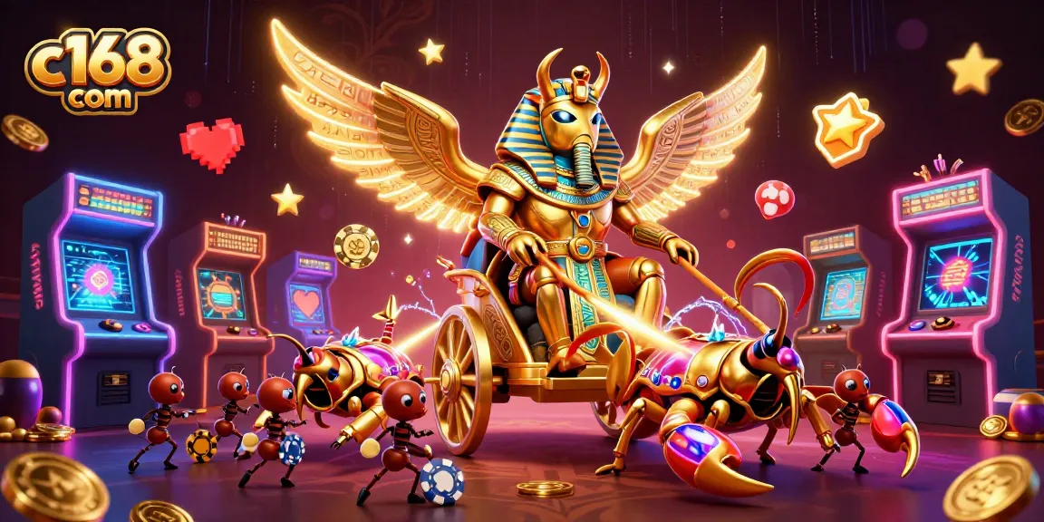 C168 com showcases thrilling casino adventures featuring a giant scarab and vibrant game elements.