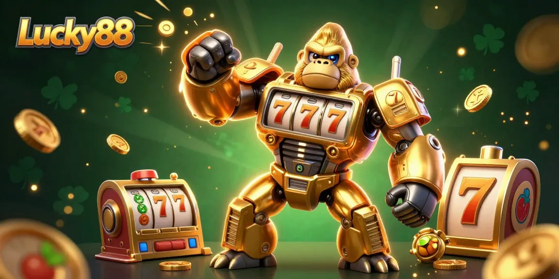Experience thrilling wins with Lucky88 slot featuring a golden mech and spinning reels in vibrant casino scene.