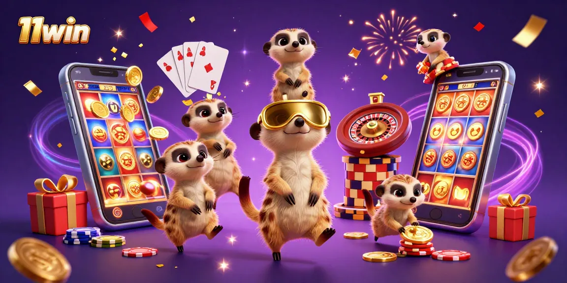 Experience the thrill of 11win with meerkats running a vibrant casino operation filled with games and excitement.