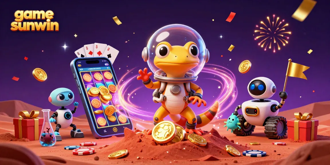 Experience excitement with game sunwin, featuring a Martian gecko uncovering a golden casino in a lively scene.