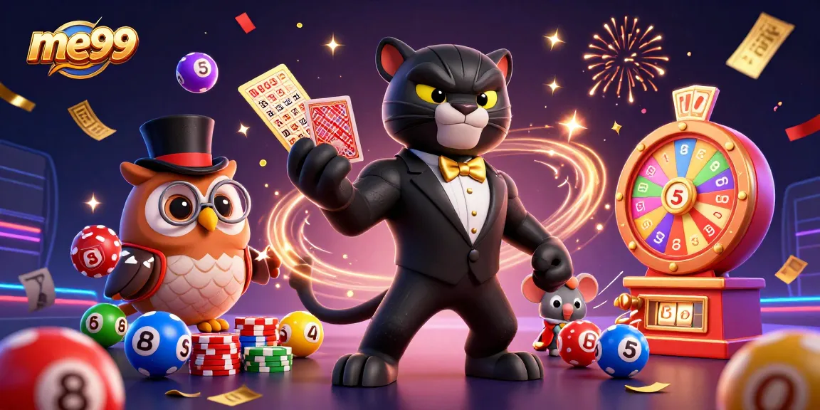 me99 showcases a dynamic casino scene with a panther dealer, colorful bingo elements, and festive celebration effects.