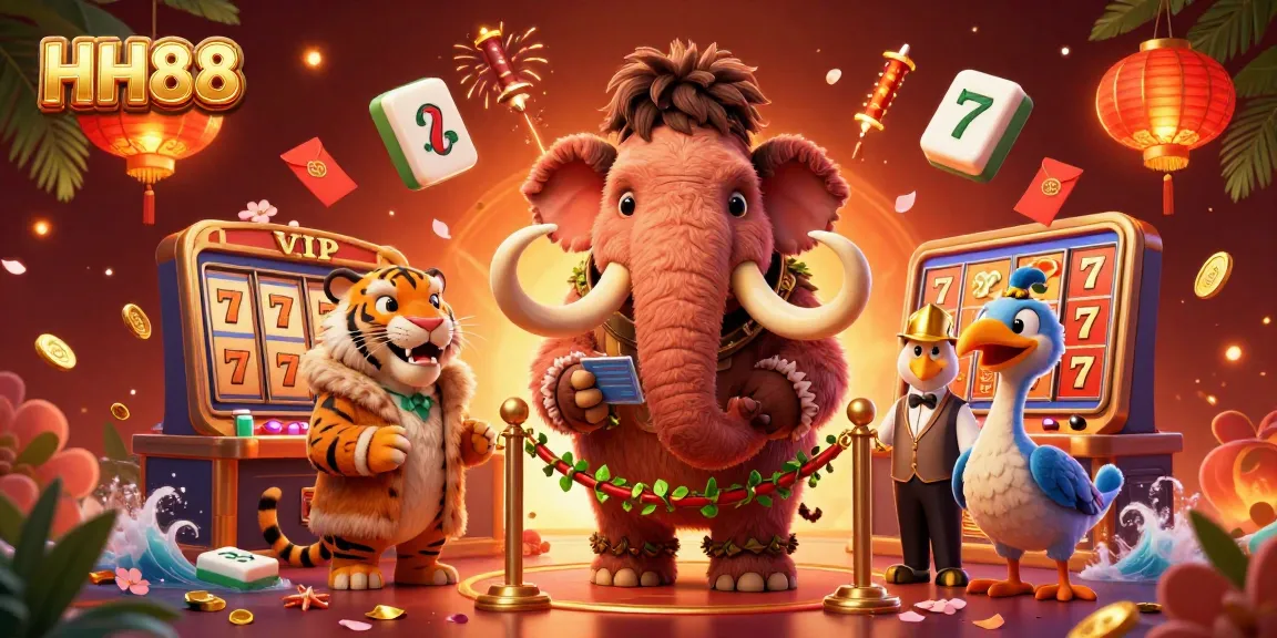 Experience lively gaming at HH88 with a bustling mammoth bouncer and a stylish saber-tooth guest.
