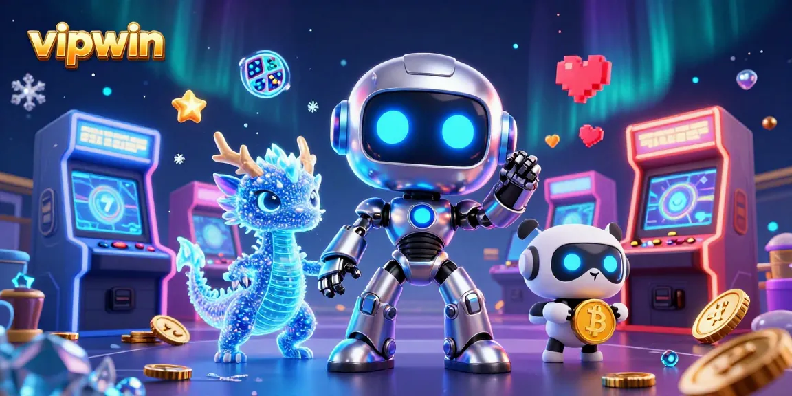 Engage with vipwin's vibrant casino world featuring a cyberpunk robot and a holographic dragon.