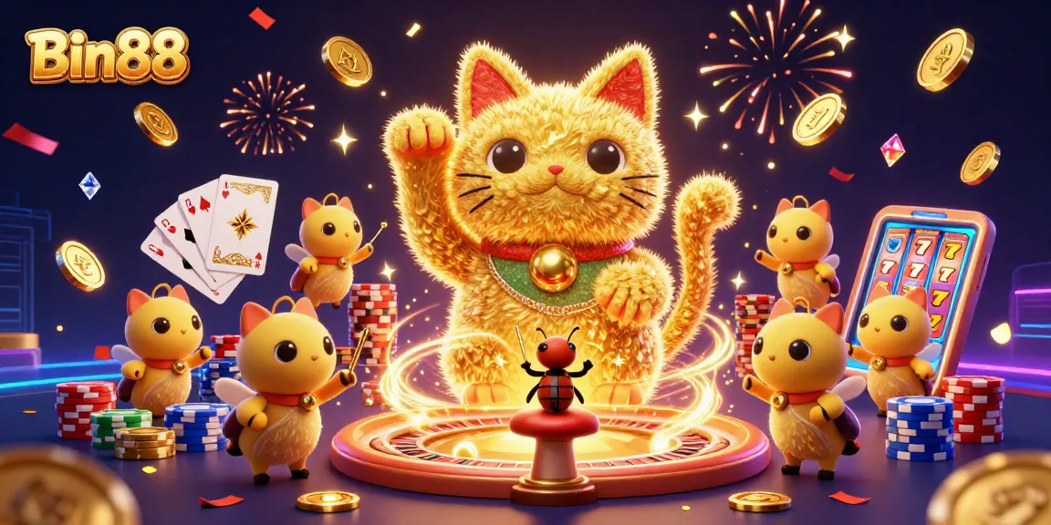 Experience the excitement of Bin88 with a vibrant illustration of a giant lucky cat made of fireflies, surrounded by casino elements.