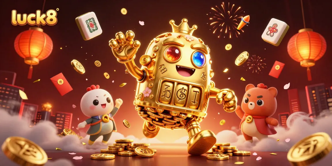 Engage with luck8's thrilling gaming world through a rich illustration of a golden golem surrounded by festive casino elements.