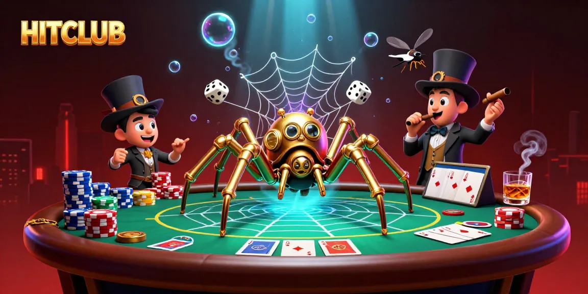 Experience the thrill at HITCLUB with steampunk elements, poker chips, and an intricate spider web.