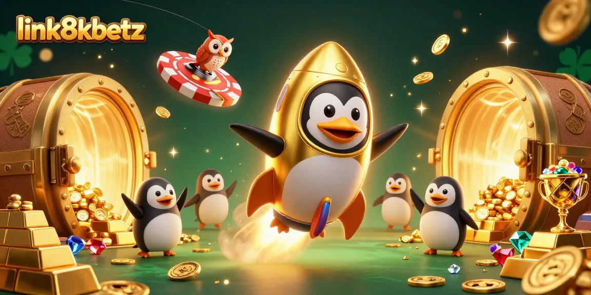 Experience excitement with link8xbetz as a golden penguin blasts to a casino station surrounded by treasures.