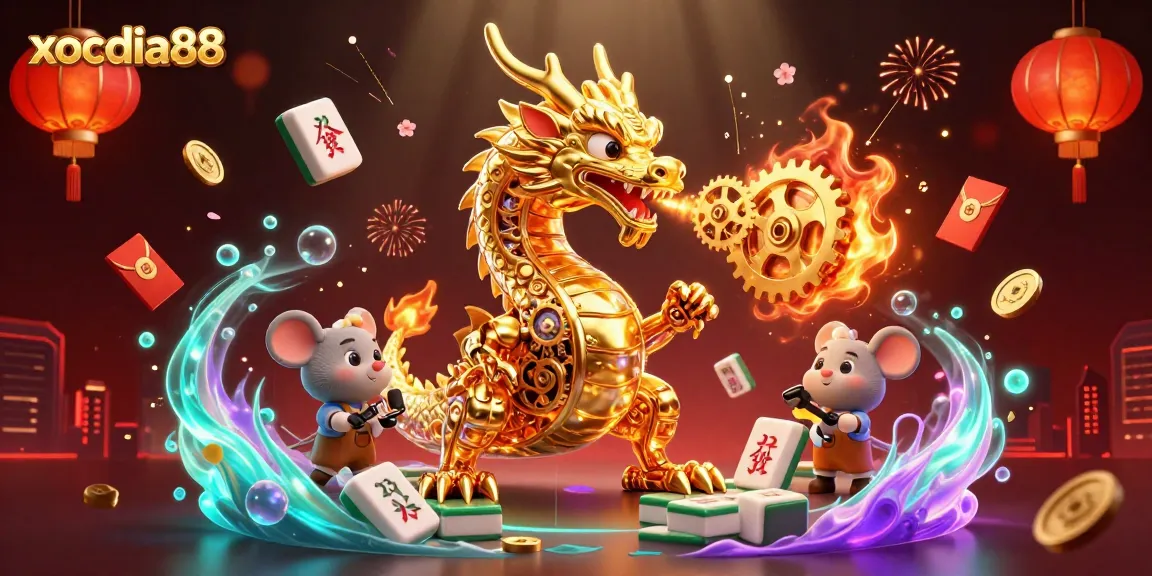 xocdia88 showcases a golden dragon and mouse engineer amidst vibrant gambling-themed elements, emphasizing excitement and energy.