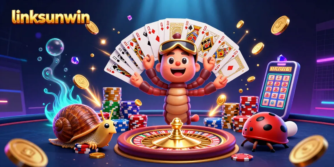 Enjoy thrilling gameplay with linksunwin's cartoon casino dealer, vibrant chips, and golden coins.