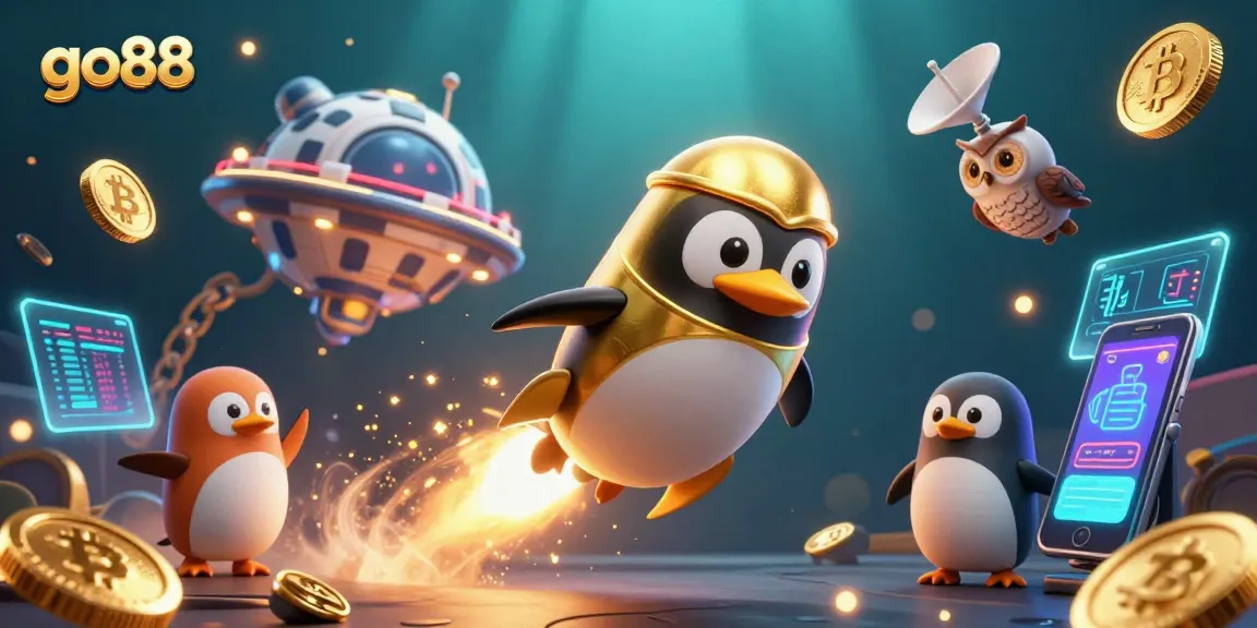 Join the action at go88, where a penguin and a casino chip soar amidst golden coins, showcasing thrilling gameplay.