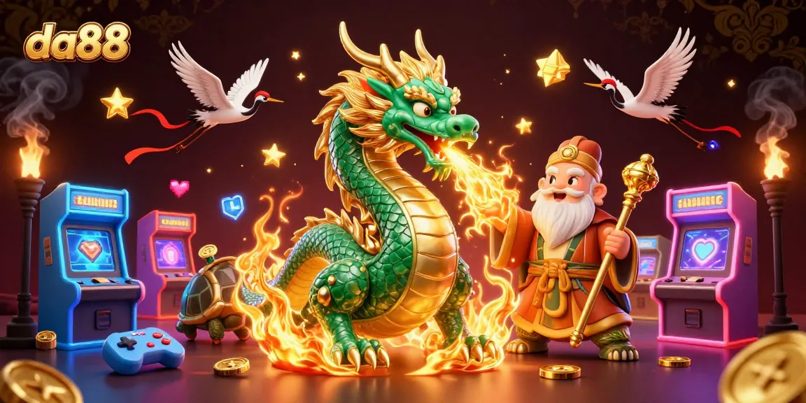 Play exciting games with da88, featuring a jade dragon, turtle sage, and lucky cranes in an energetic casino scene.