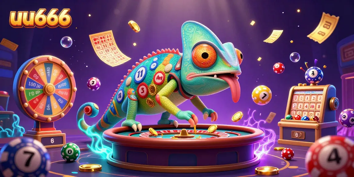 Experience the thrilling world of uu666 with an energetic chameleon casino owner among vibrant game elements.