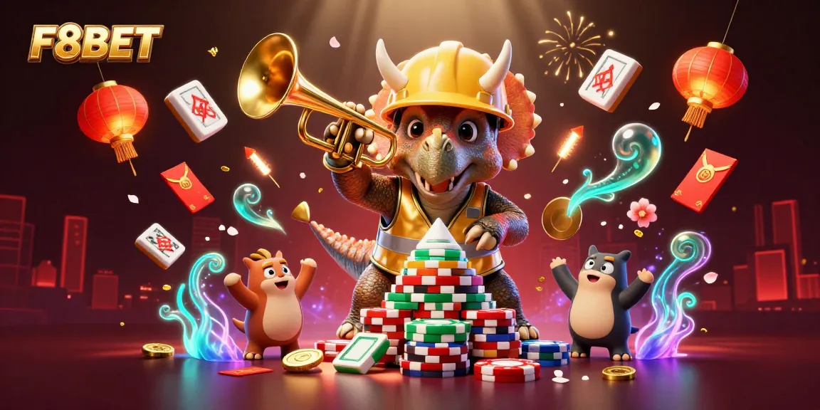 F8BET brings excitement as cartoon characters celebrate with poker chips and festive elements in a vibrant casino scene.