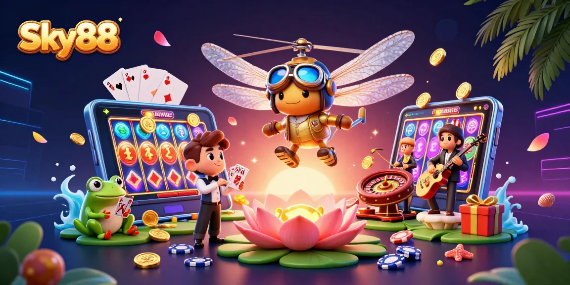 Experience thrilling gameplay with Sky88 as a dragonfly pilot, cards flying and coins erupting.