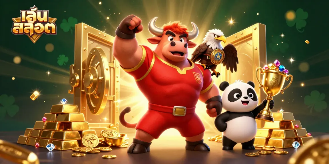 Play slots with thrilling visuals featuring a bull, eagle, and panda in a casino scene.