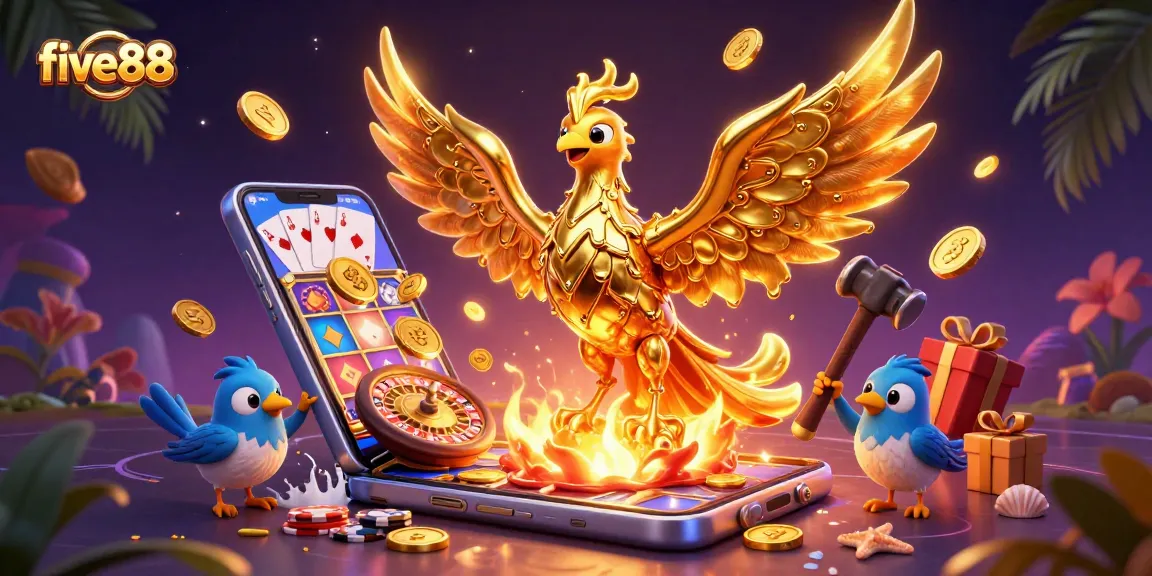 Experience winning with five88's golden phoenix and casino games in an exciting digital illustration.