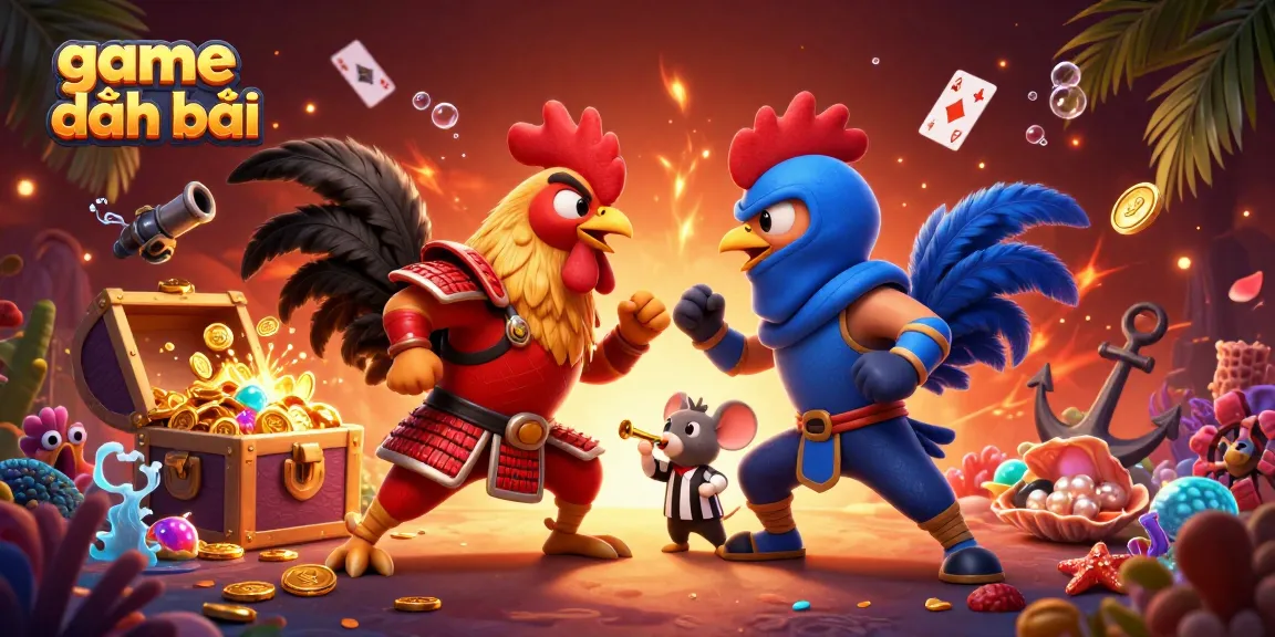 Engage in thrilling game đánh bài with colorful roosters, gold coins, and dynamic elements.